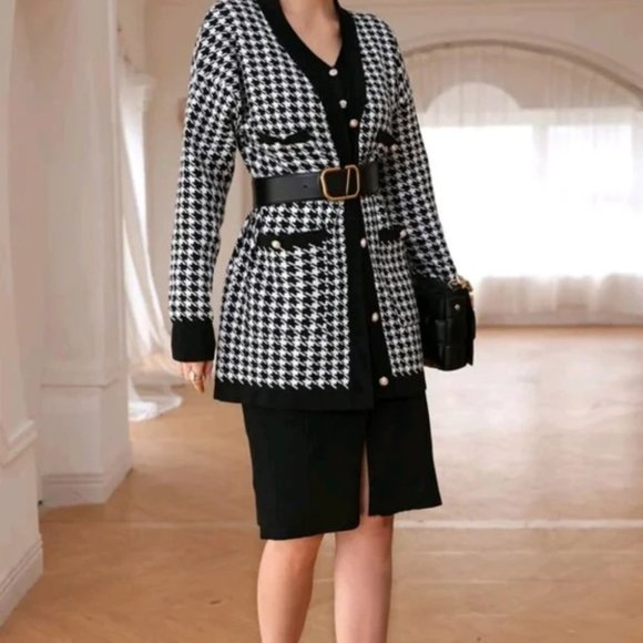 Classy Pocketed knit Houndstooth Cardigan - Picture 4 of 8